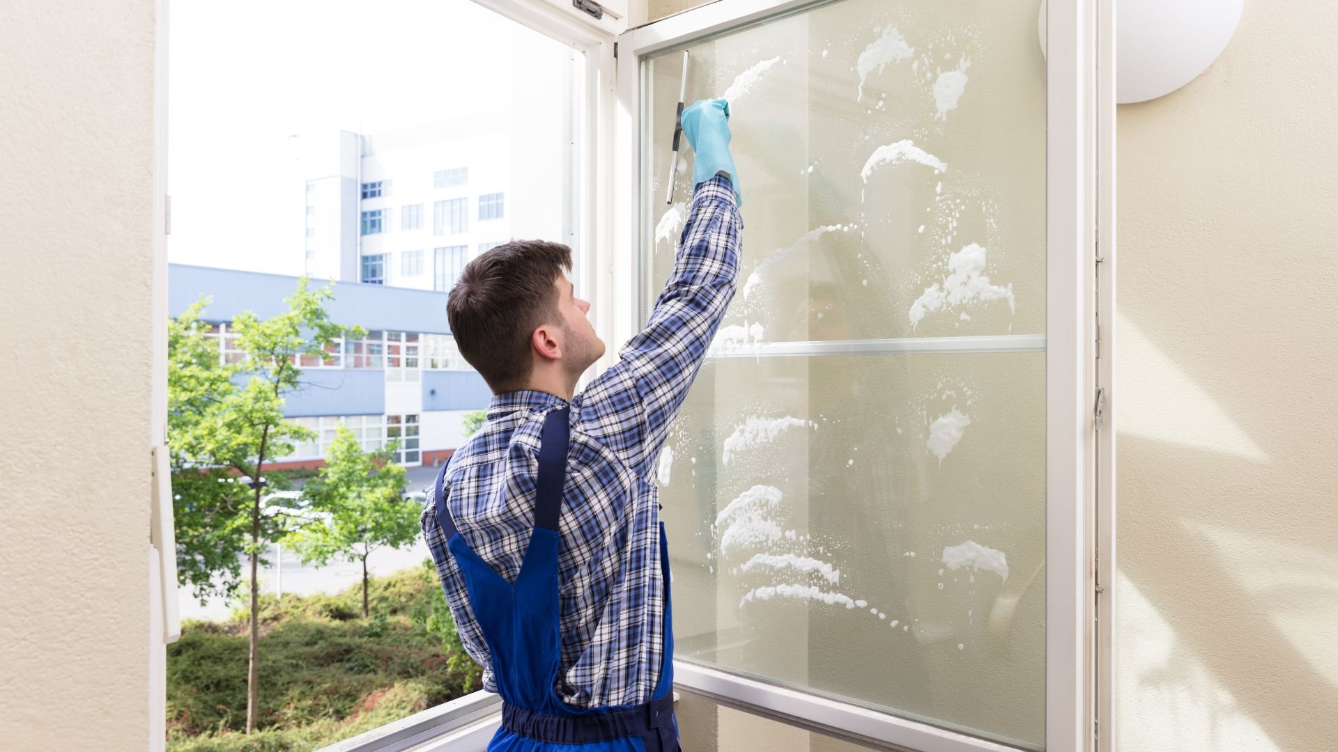 Person cleaning window with spray and cloth, trees visible outside