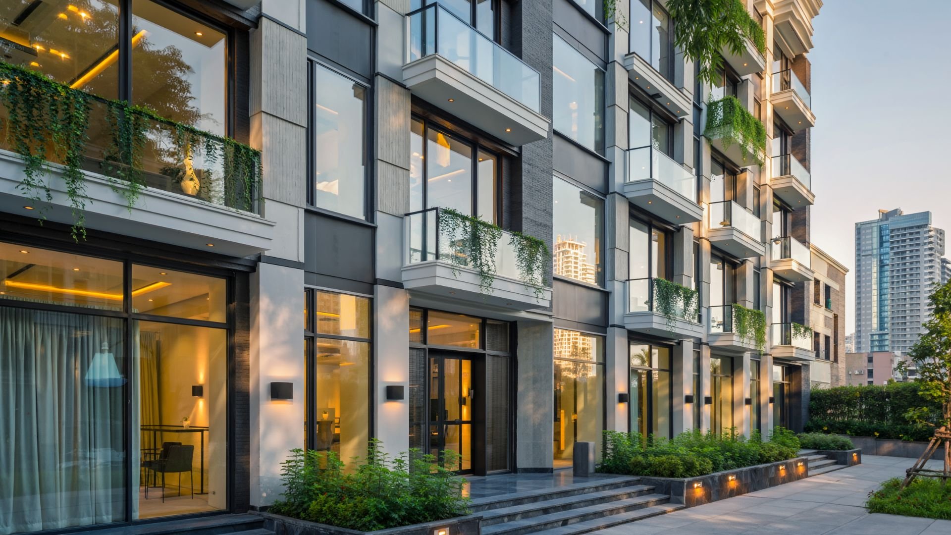 Modern apartment building with glass facades and hanging plants at sunset